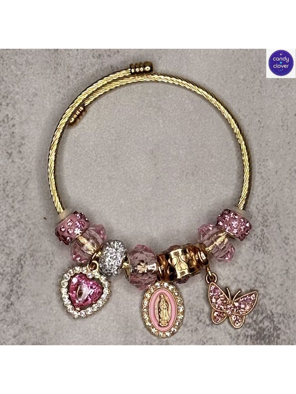 candy+clover Pink Catholic Faith Charm Cuff Bracelet Crystal Gold Tone Bracelet